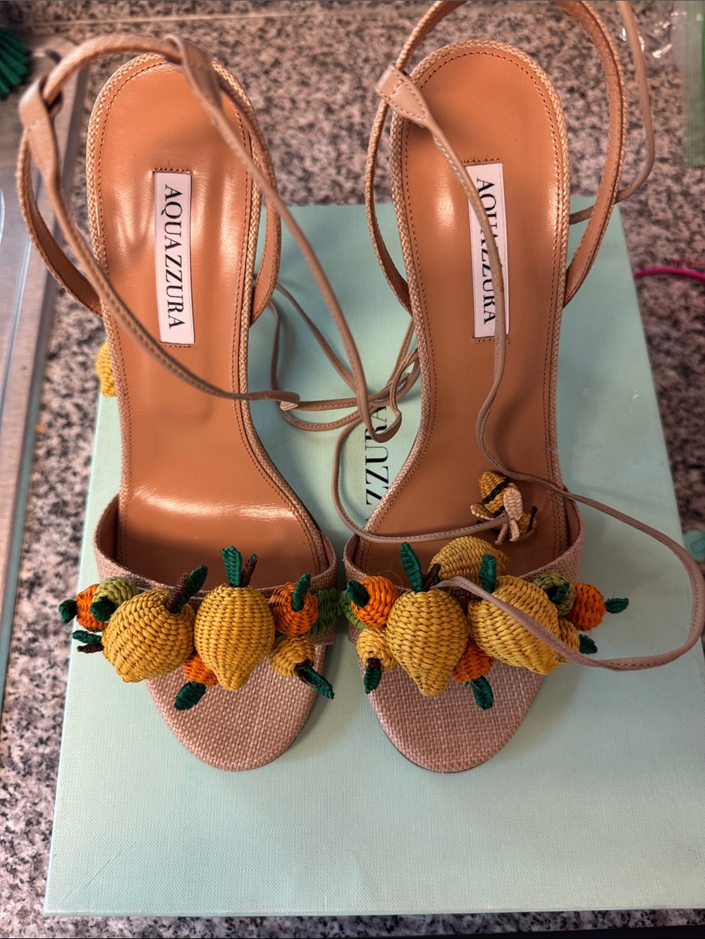 Aquazzura Tan Woven Lemon-Embellished Ankle-Tie Heels
